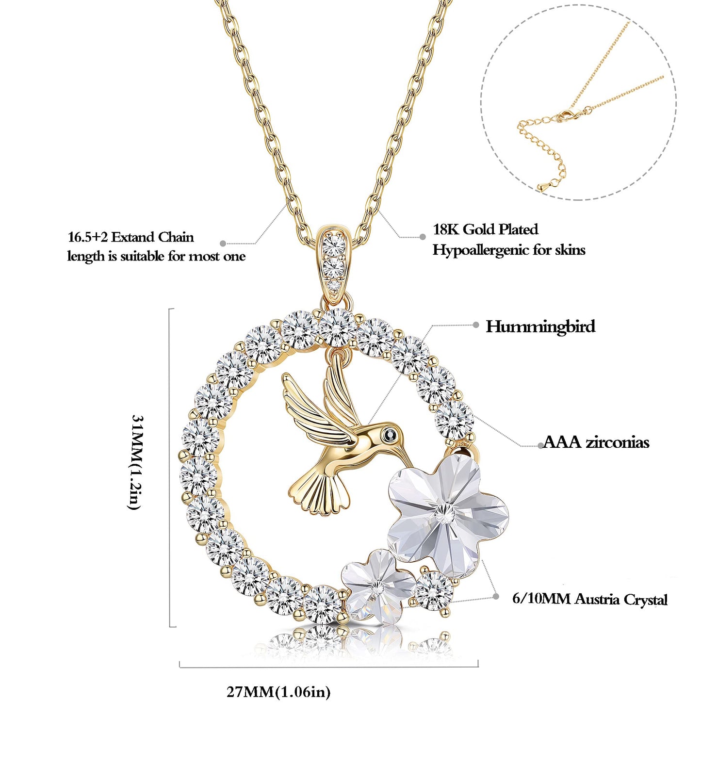 Sllaiss 18K Gold Plated Hummingbird Pendant Necklace for Women Circle Necklace, Animal Necklace Crystals from Austria ,Jewelry Gifts for Mother's Day