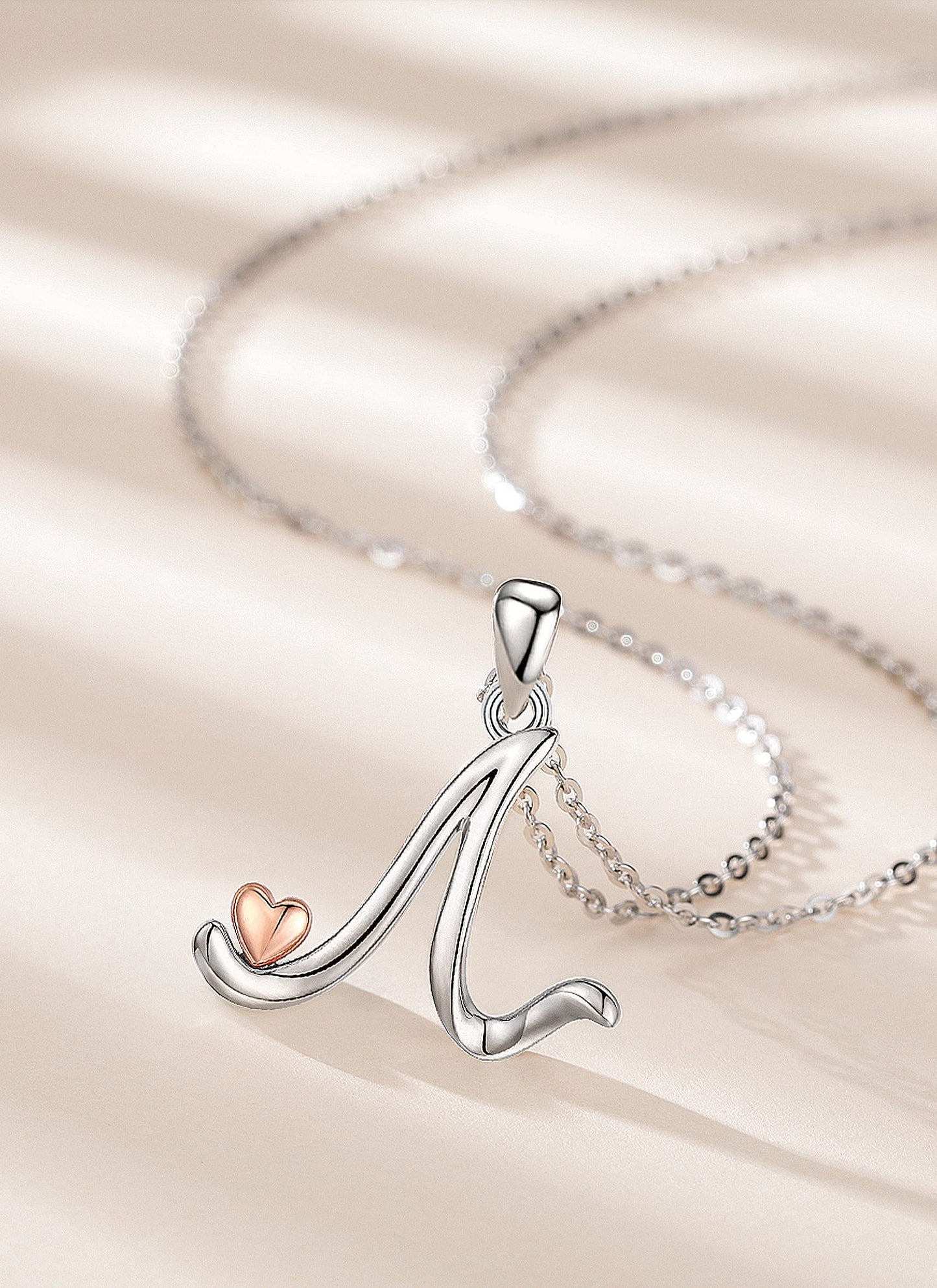 CELESTIA Sterling Silver Initial Necklaces 26 Letter Pendant with Rose Gold Heart - 18 Inch Chain