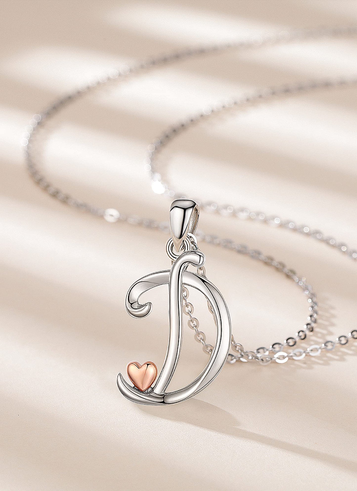 CELESTIA Sterling Silver Initial Necklaces 26 Letter Pendant with Rose Gold Heart - 18 Inch Chain