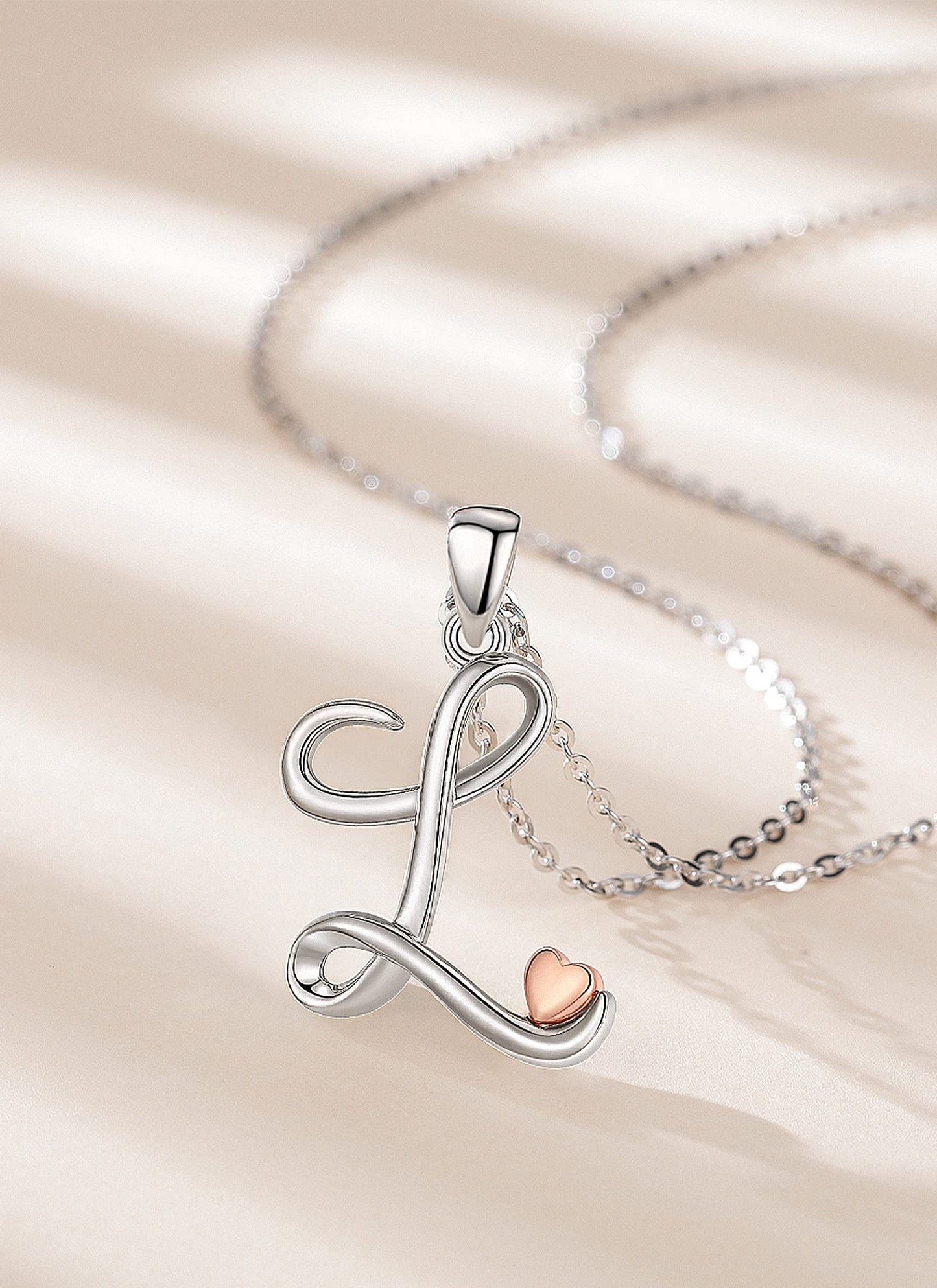 CELESTIA Sterling Silver Initial Necklaces 26 Letter Pendant with Rose Gold Heart - 18 Inch Chain