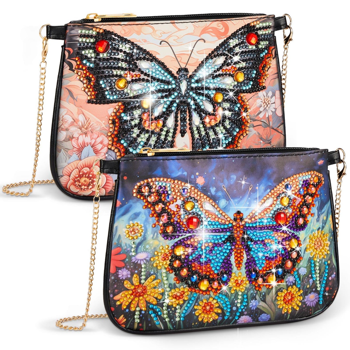 Geyoga 2 Pcs Diamond Painting Purse Diamond Art Crossbody Bag Shoulder Makeup Bag Chain Leather Clutch for Women DIY Craft