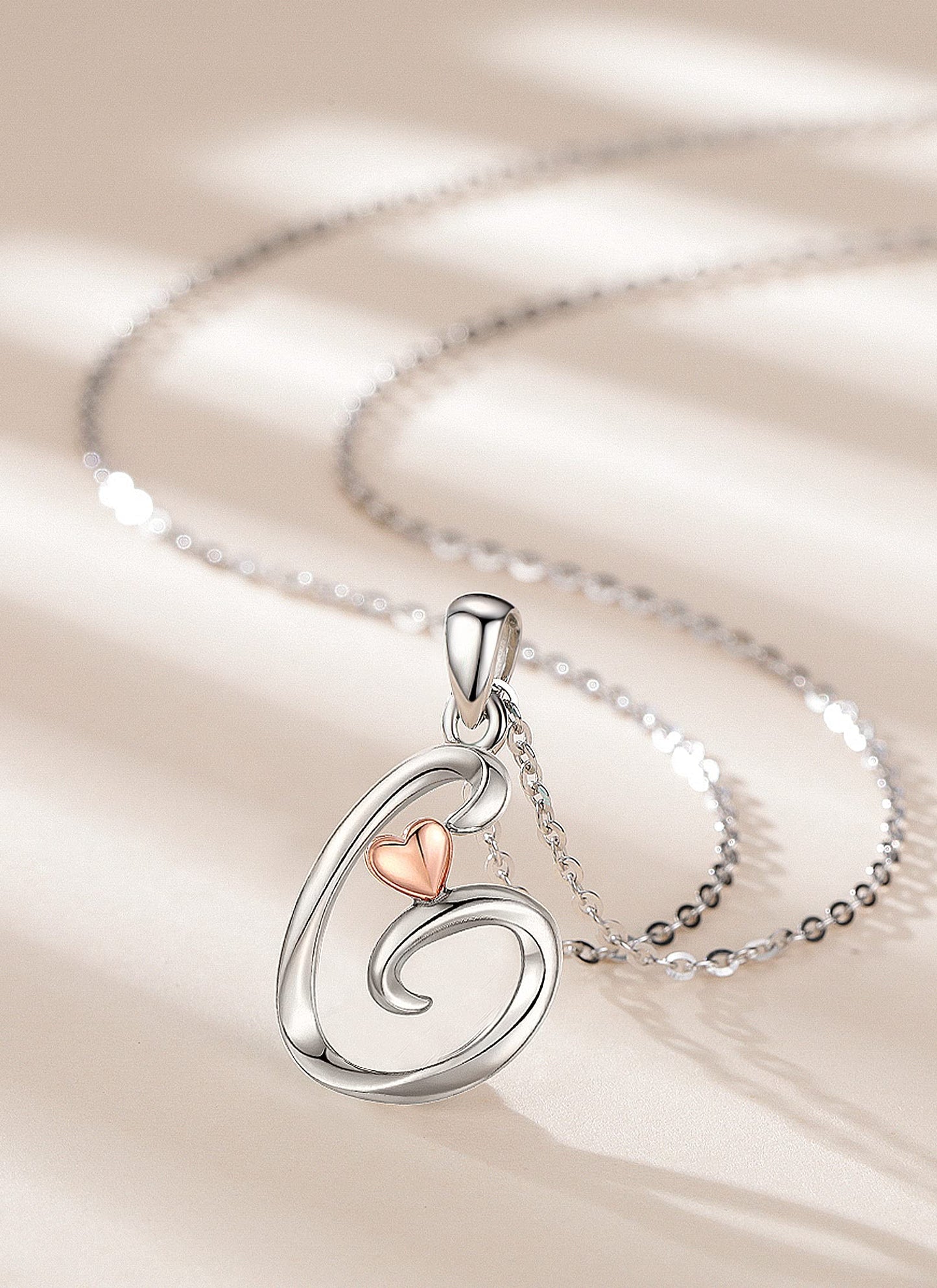 CELESTIA Sterling Silver Initial Necklaces 26 Letter Pendant with Rose Gold Heart - 18 Inch Chain