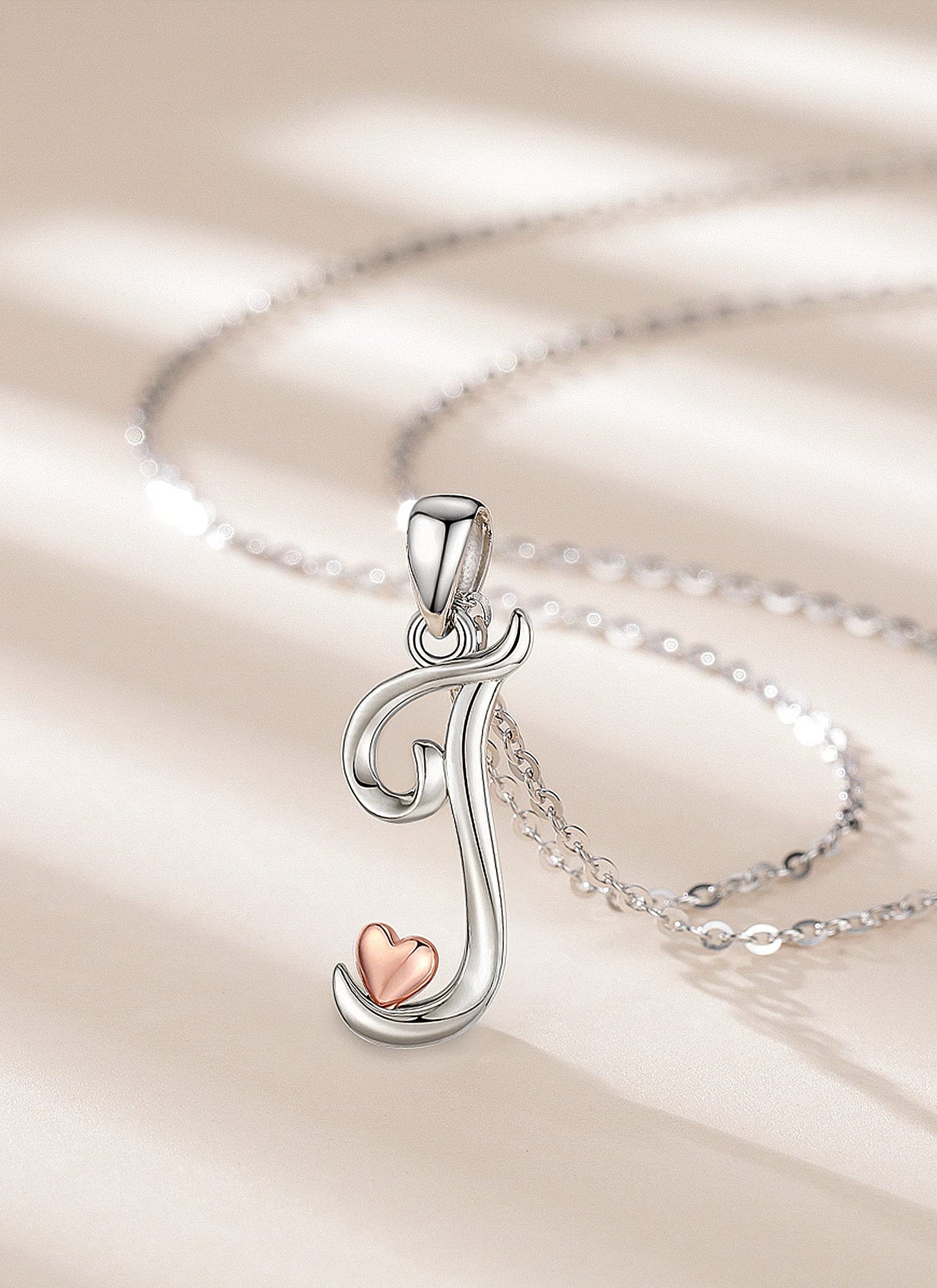 CELESTIA Sterling Silver Initial Necklaces 26 Letter Pendant with Rose Gold Heart - 18 Inch Chain