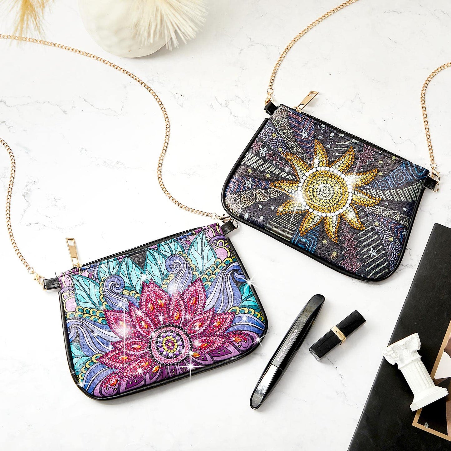 Geyoga 2 Pcs Diamond Painting Purse Diamond Art Crossbody Bag Shoulder Makeup Bag Chain Leather Clutch for Women DIY Craft