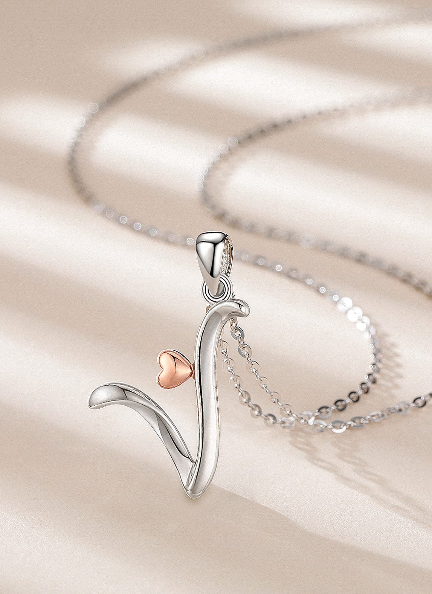 CELESTIA Sterling Silver Initial Necklaces 26 Letter Pendant with Rose Gold Heart - 18 Inch Chain