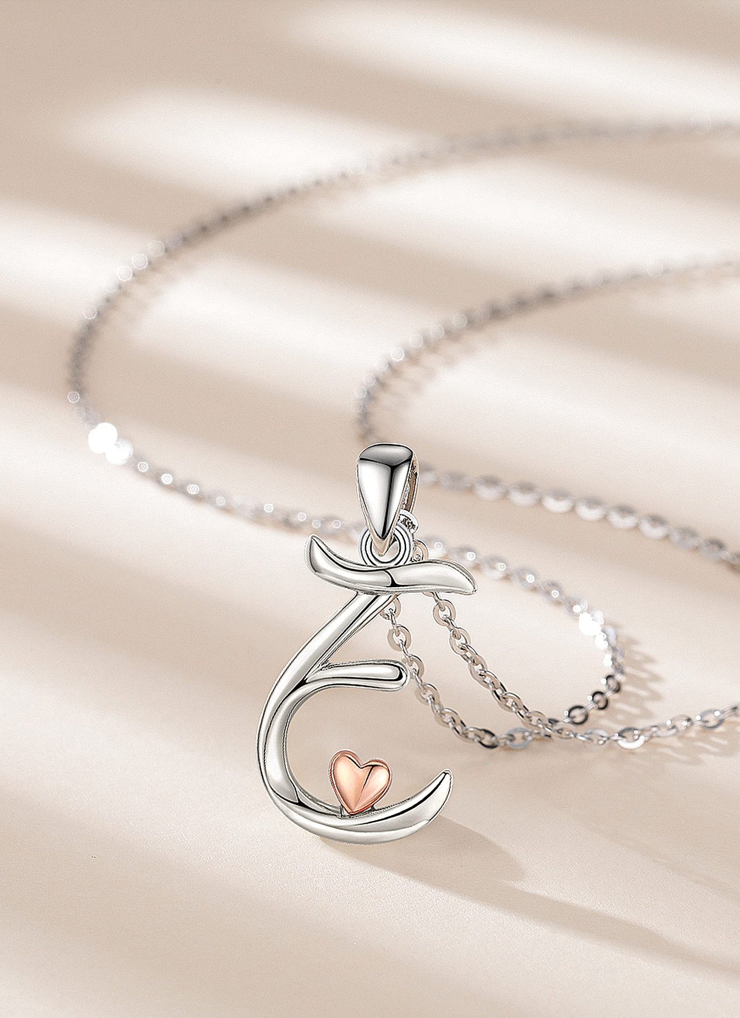 CELESTIA Sterling Silver Initial Necklaces 26 Letter Pendant with Rose Gold Heart - 18 Inch Chain