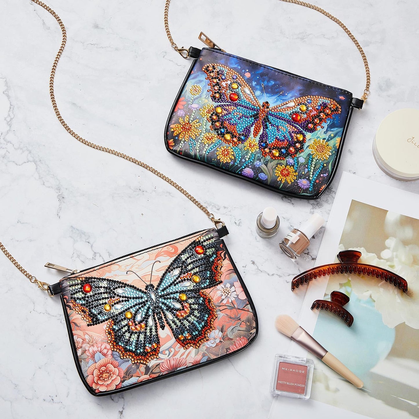 Geyoga 2 Pcs Diamond Painting Purse Diamond Art Crossbody Bag Shoulder Makeup Bag Chain Leather Clutch for Women DIY Craft