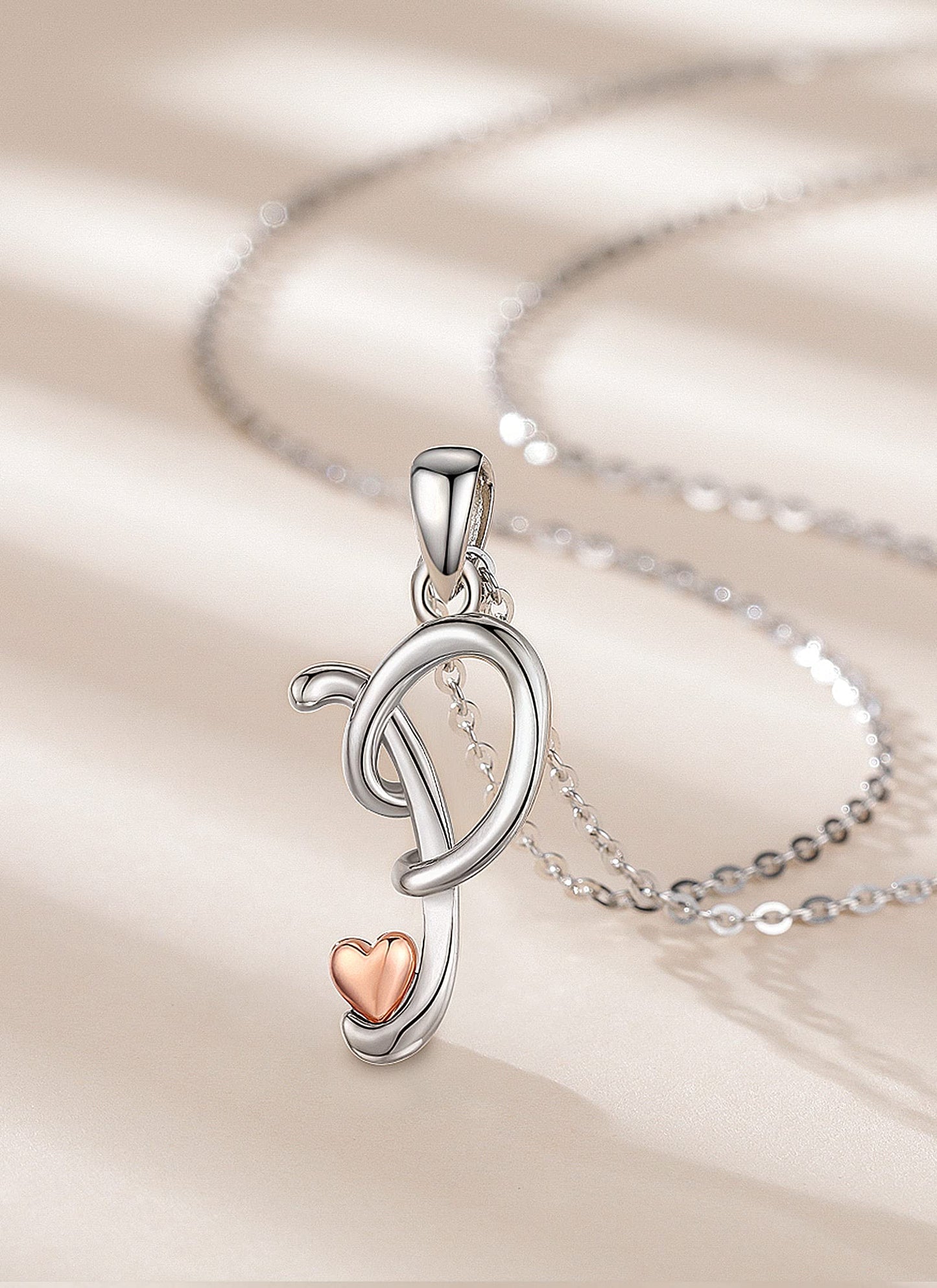 CELESTIA Sterling Silver Initial Necklaces 26 Letter Pendant with Rose Gold Heart - 18 Inch Chain