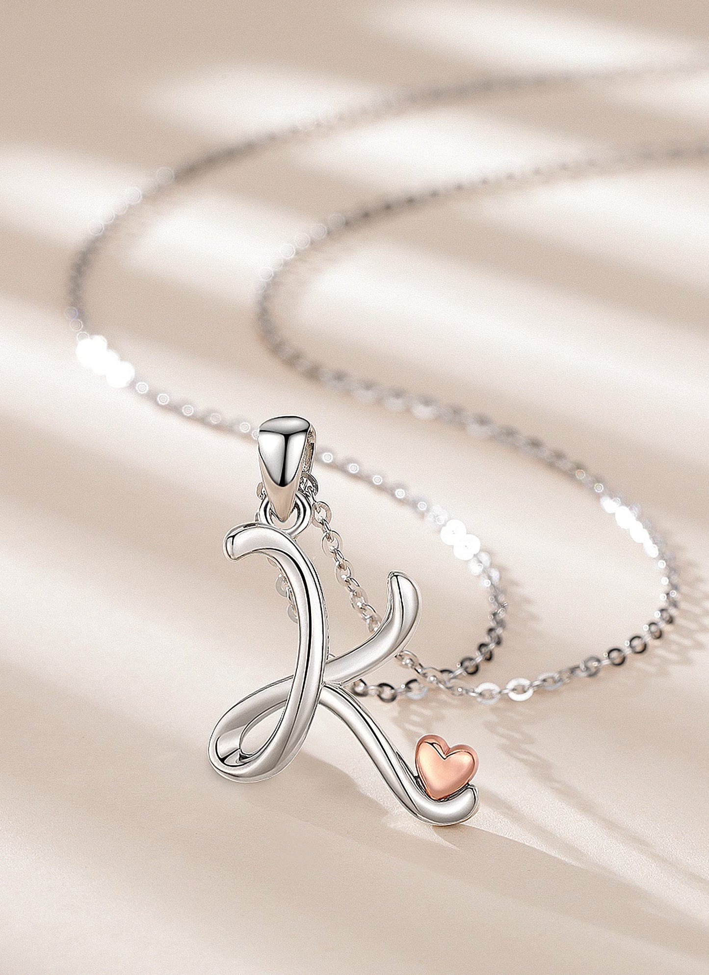 CELESTIA Sterling Silver Initial Necklaces 26 Letter Pendant with Rose Gold Heart - 18 Inch Chain