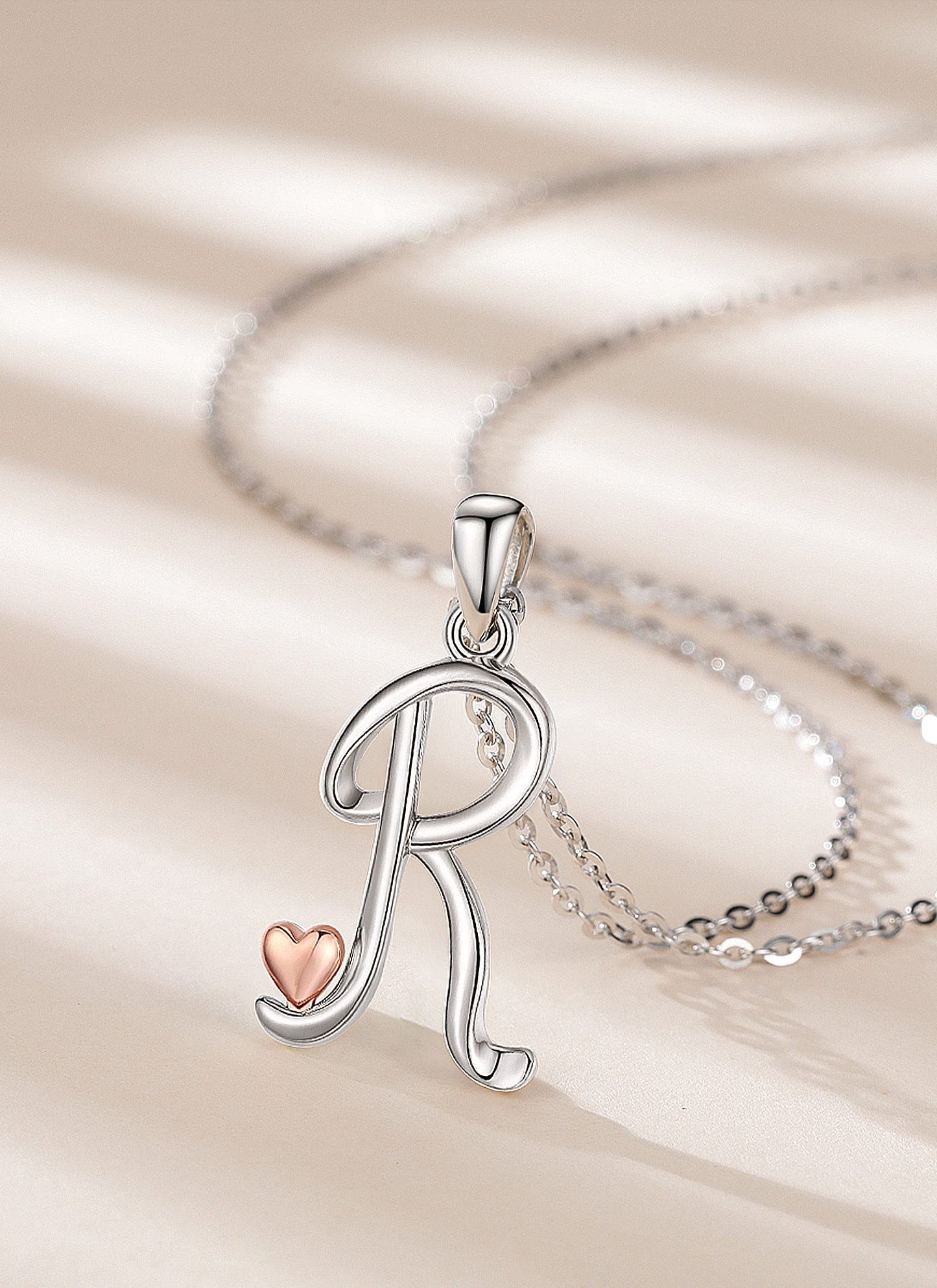 CELESTIA Sterling Silver Initial Necklaces 26 Letter Pendant with Rose Gold Heart - 18 Inch Chain