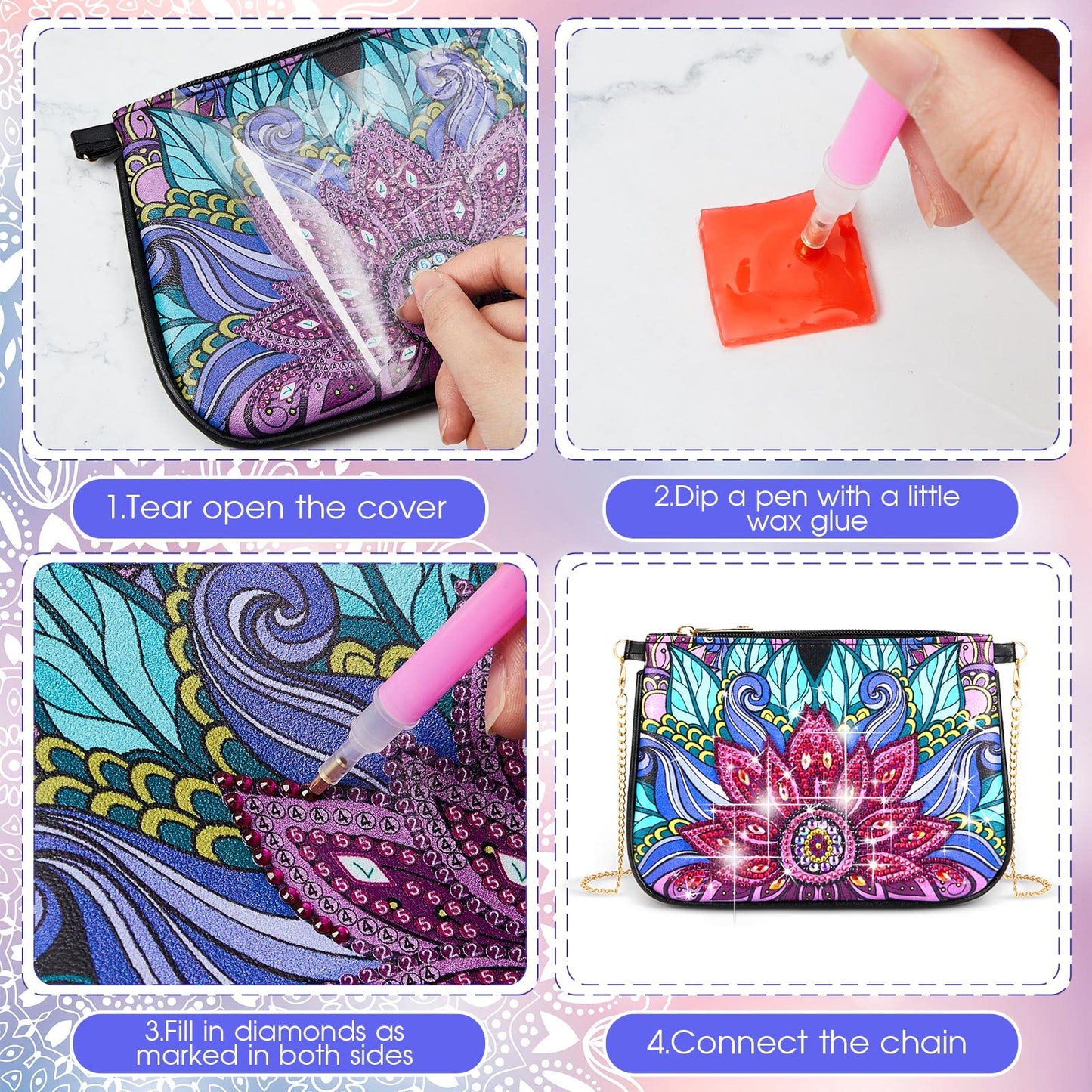 Geyoga 2 Pcs Diamond Painting Purse Diamond Art Crossbody Bag Shoulder Makeup Bag Chain Leather Clutch for Women DIY Craft