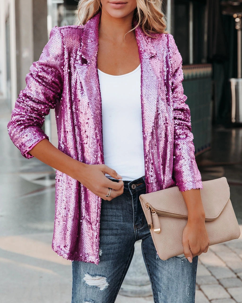 Fashionable Sequin Lapel Casual Blazer Jacket for Women