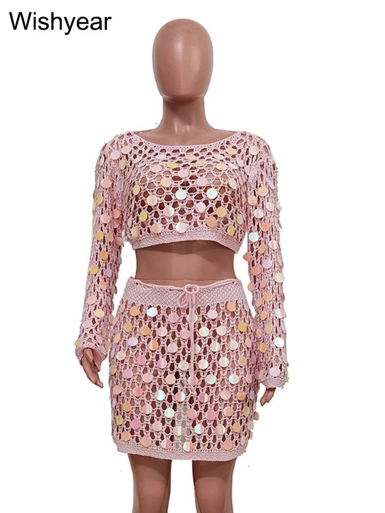 Sexy Hollow Out Beach Sequin Knitted Dress Set for Women Glitter