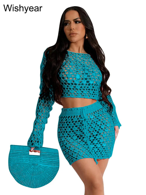 Sexy Hollow Out Beach Sequin Knitted Dress Set for Women Glitter