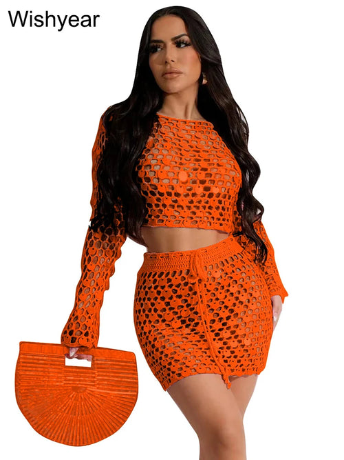 Sexy Hollow Out Beach Sequin Knitted Dress Set for Women Glitter