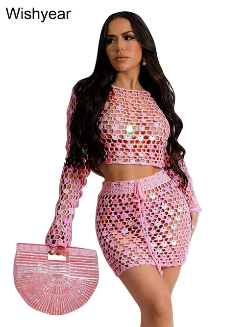 Sexy Hollow Out Beach Sequin Knitted Dress Set for Women Glitter